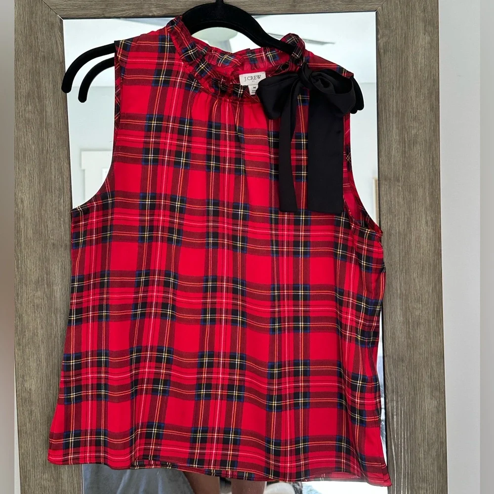 J. Crew Red Plaid Top with Black Bow - Picture 1 of 4